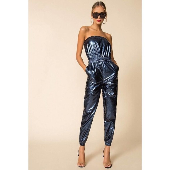 Superdown Lani Metallic Blue Strapless Jumpsuit Festival Boho Night Out Sz XS - Picture 1 of 16